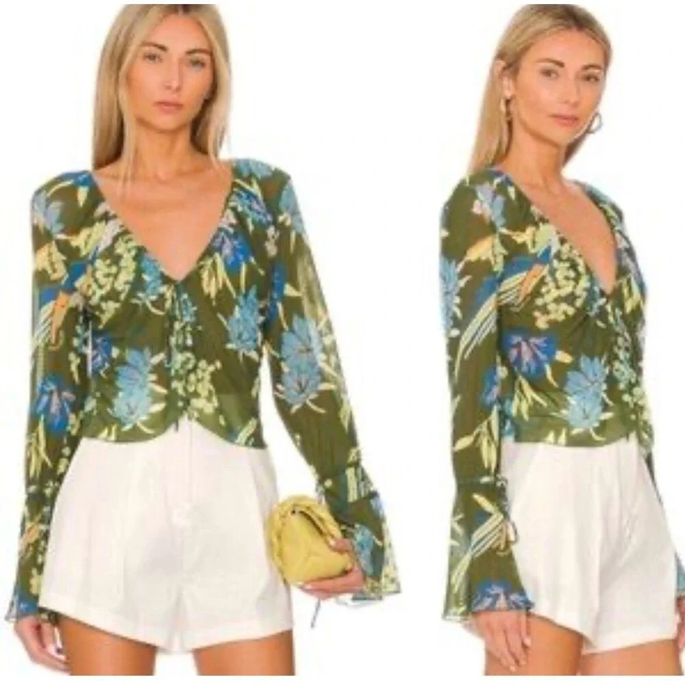 NWT Free People Floral Print of Paradise Semi Sheer V-Neck Crop Boho Top Size XS
